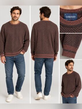 Lorenzo Made in Italy Men’s Wool Blend Chevron Sweater Brown Size L
